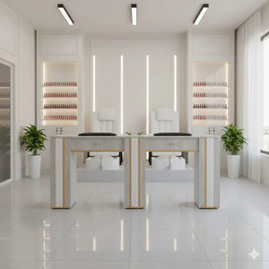 N164A Nail Table with White Marble Top & Gray Body – Single/Double Option