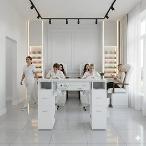 N104 Single Manicure Nail Table with Ventilation – White Marble Top & White Body (RHF-034)