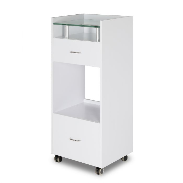 Glass Top Workstation Trolley with Draft Fan, Drawers, Cabinets & Frosted Glass Surface