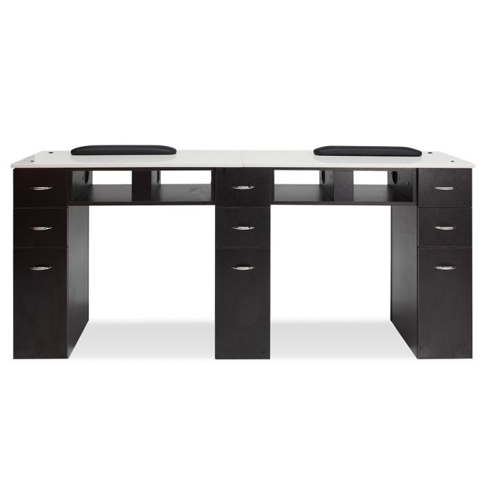 Double White Marble Top Nail Table: Spacious Salon Furniture with Dual White Granite Surfaces