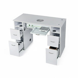N104 Single Manicure Nail Table with Ventilation – White Marble Top & White Body (RHF-034)